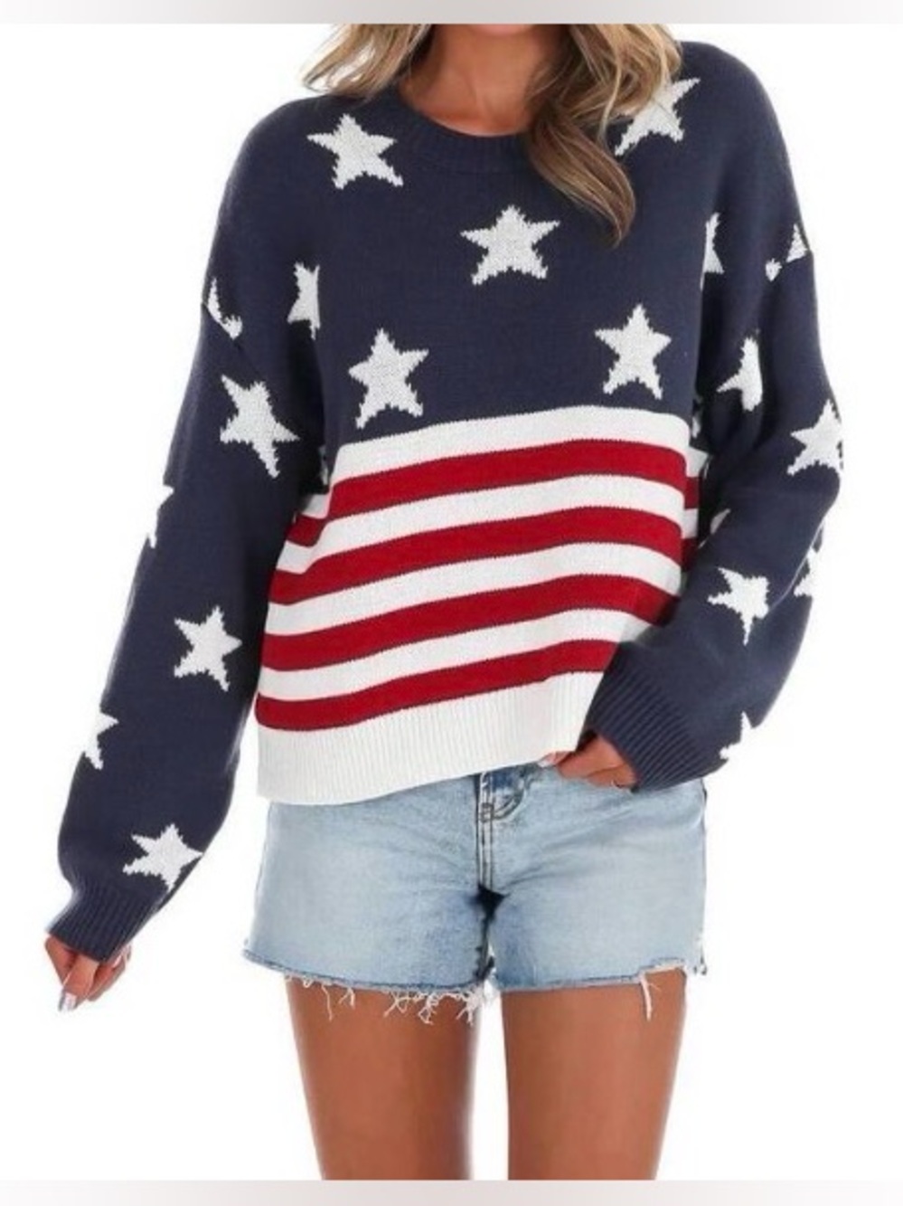 Le Lis American Flag Patriotic Star Knit Cropped Crewneck Sweater S
